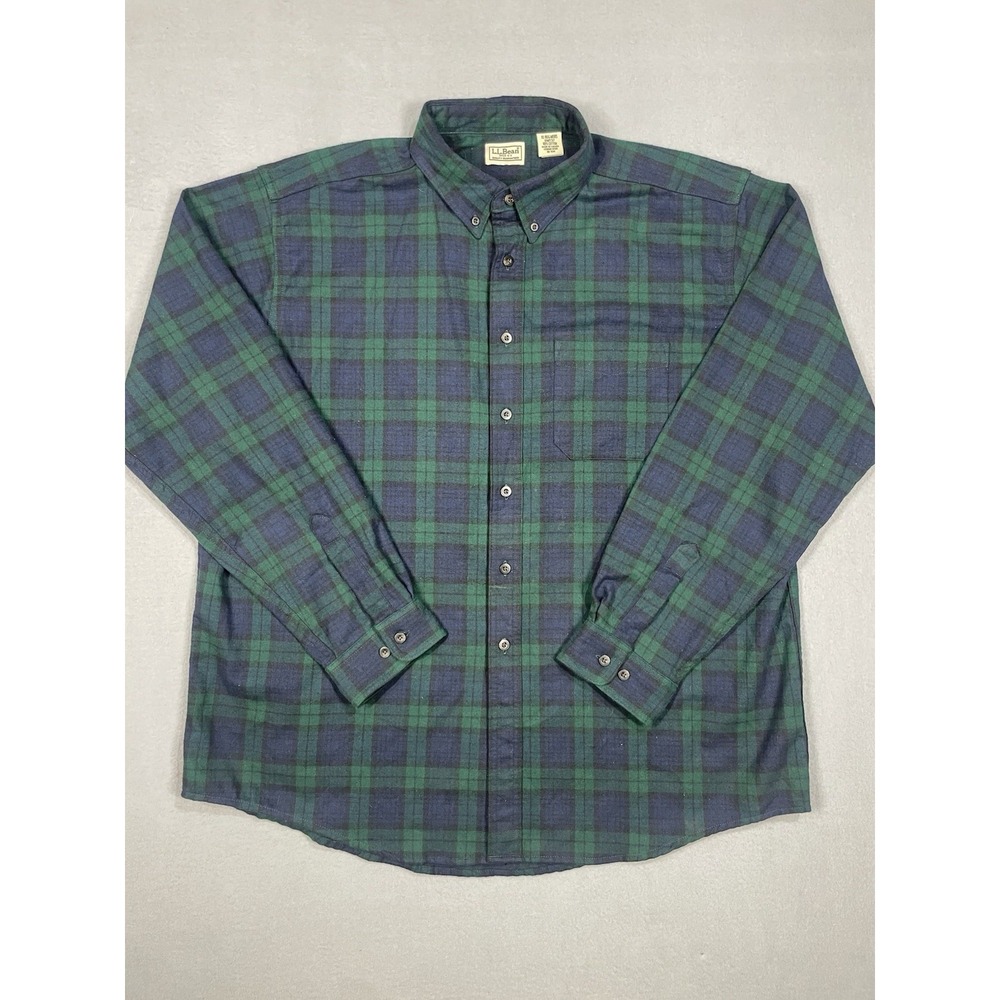 VTG LL Bean Shirt Mens XL Green Blue Plaid Flannel Button Down Cotton 90s